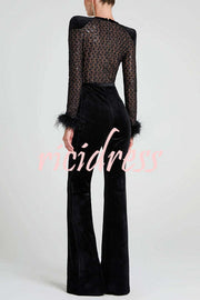 Monique Fish Scale Lace Sequin Velvet Patchwork Feather Trim Belted Stretch Flare Jumpsuit