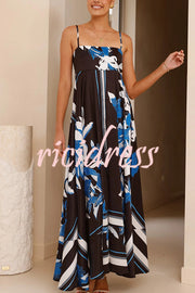 Botanical Print Square Neck Suspender Casual Full Hem Maxi Dress