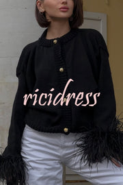 Solid Color Elegant Feather Long Sleeve Casual Knitted Cardigan