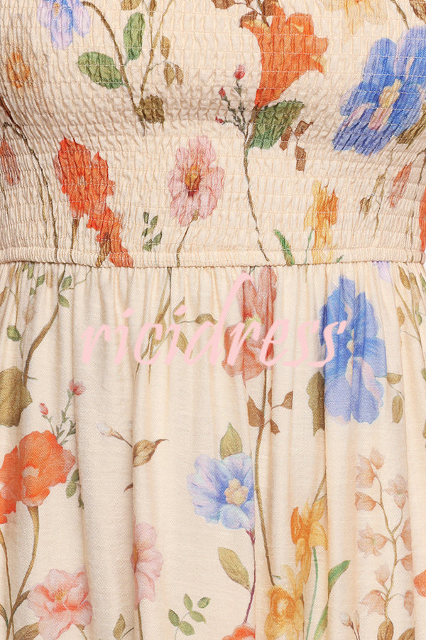 Dreamy Floral Print Square Neck Puff Sleeve Smocked Maxi Dress