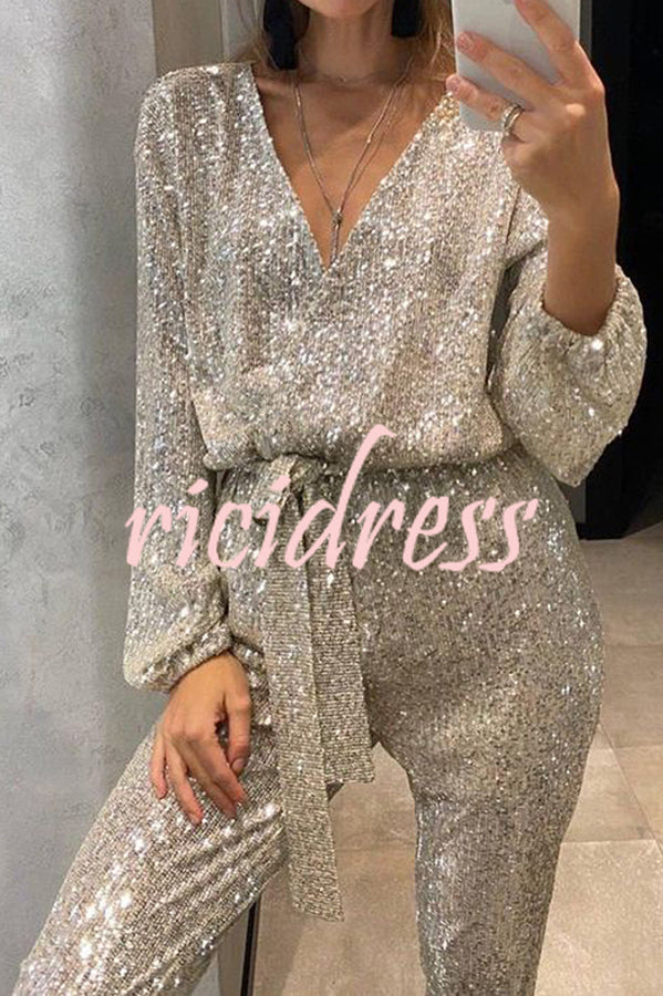 Cheers To You Sequin Long Sleeve Belted Wrap Loose Jumpsuit