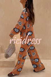 Mediterranean Art Knit Unique Sun Vortex Print Long Sleeve Relaxed Sweater
