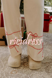 Candy Cane Cutie Loose Bow Tie Long-Sleeved Sweatshirt and Elastic Waist Pocket Pants Set