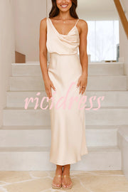 Satin Solid Color Elegant Sling Waist Open Back Maxi Dress