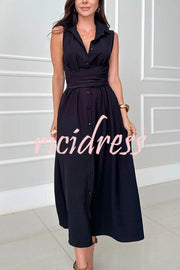 Solid Color Lapel Sleeveless Waisted Single-breasted Casual Midi Dress