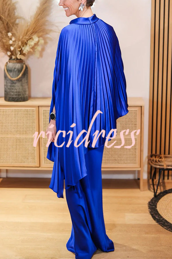 Lily Satin Solid Color Pleated Loose Cape and Elegant Maxi Skirt Set