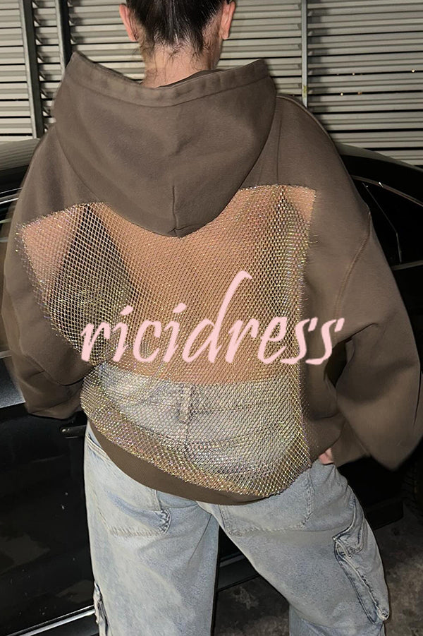Fashionable Shiny Mesh Hollow Back Loose Long-sleeved Hooded Sweatshirt