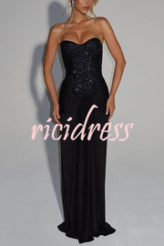 Carina Sequined and Satin Jersey Off Shoulder Ruched Knot Drape Maxi Dress