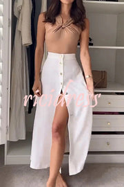 Stylish Sleeveless Stretch Fit Top and Relaxed Buttoned Slit Maxi Skirt Set