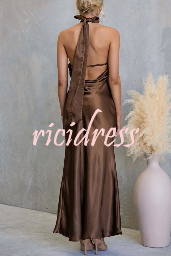 Satin Fashion Halter Backless Slim Elegant Maxi Dress