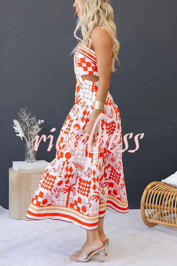 Unique Print Waist Cutout Back Gathered Suspender Maxi Dress