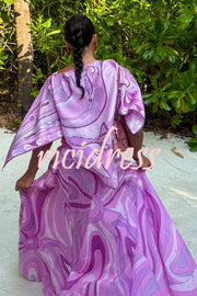 Anzio Satin Unique Print Cape Top and High Rise Elastic Waist A-line Maxi Skirt Set