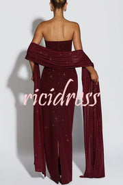 Pandra Glittery Crepe Fabric Off Shoulder Ruched Slit Cape Maxi Dress