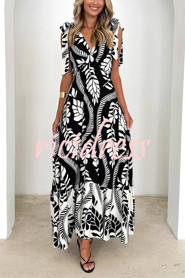 Unique Printed V-neck Sleeveless Lace-up Waist Maxi Dress