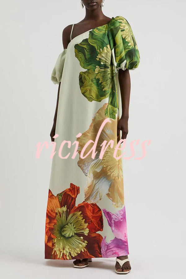 Floral Print Slant Collar Puff Sleeves Loose Holiday Maxi Dress