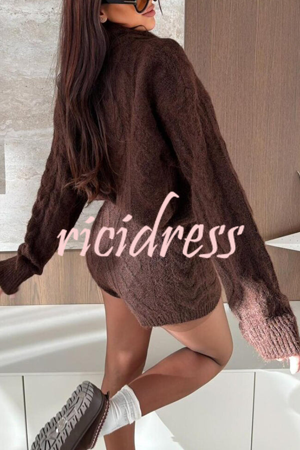 Diviano Cabble Knit Button Scarf Long Sleeve Sweater and Stretch Mini Shorts Set（3 Pieces）