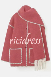 Stylish Loose Pocket Long Sleeve Coat and Warm Fringed Scarf