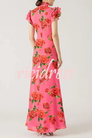 Cheongsam Style Rose Floral Print Tiered Flare Sleeve Stretch Maxi Dress