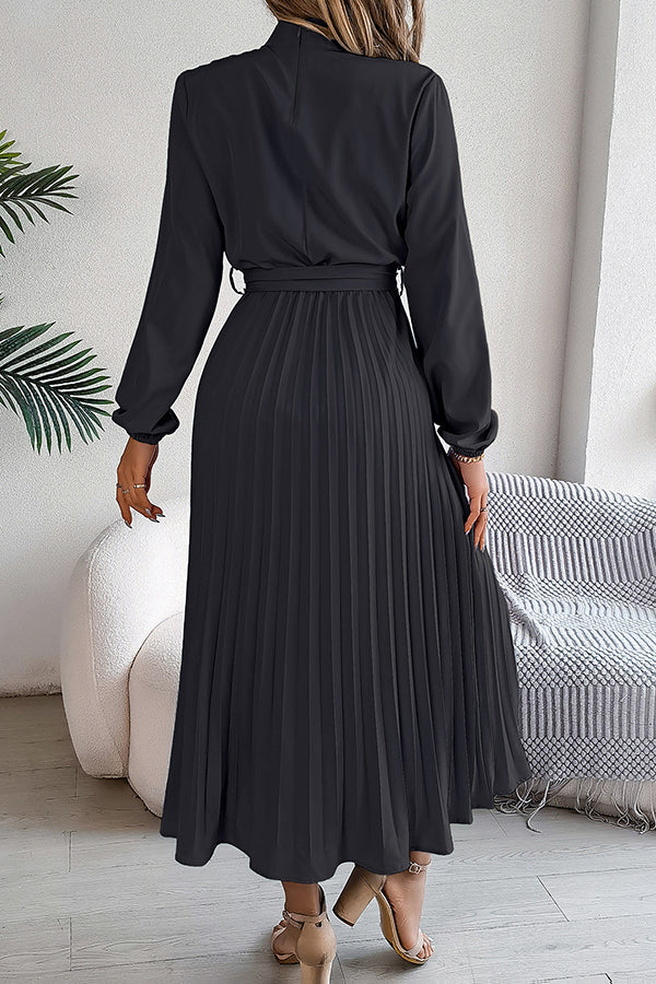 Elegant Stand-collar Long-sleeve Waisted Tie-up Pleated Midi Dress