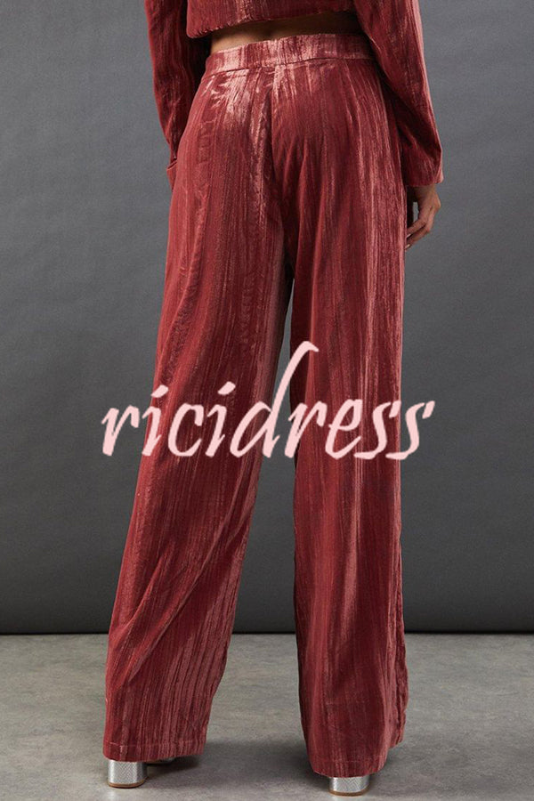 Solid Color Velvet Long-sleeved Waist Tie Top and Elastic Waist Casual Pocket Straight-leg Pants Set
