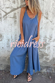 Linen Blend Solid Color Suspenders Loose Pockets Casual Wide-leg Jumpsuit