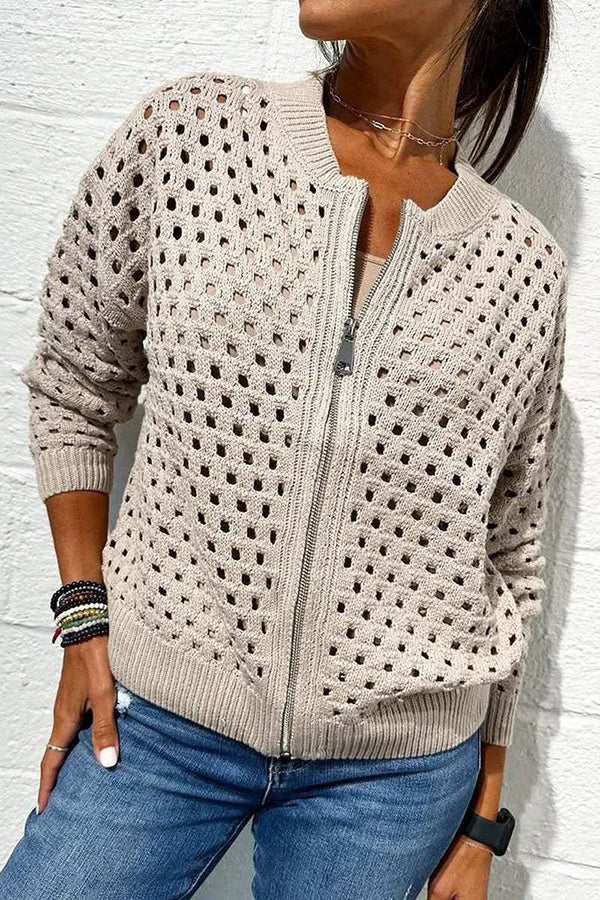 Solid Color Casual Knit Hollow Zipper Jacket