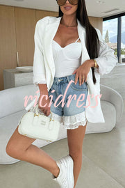 Brooke Denim High Waist  Pocket Layered Lace Trim Loose Shorts