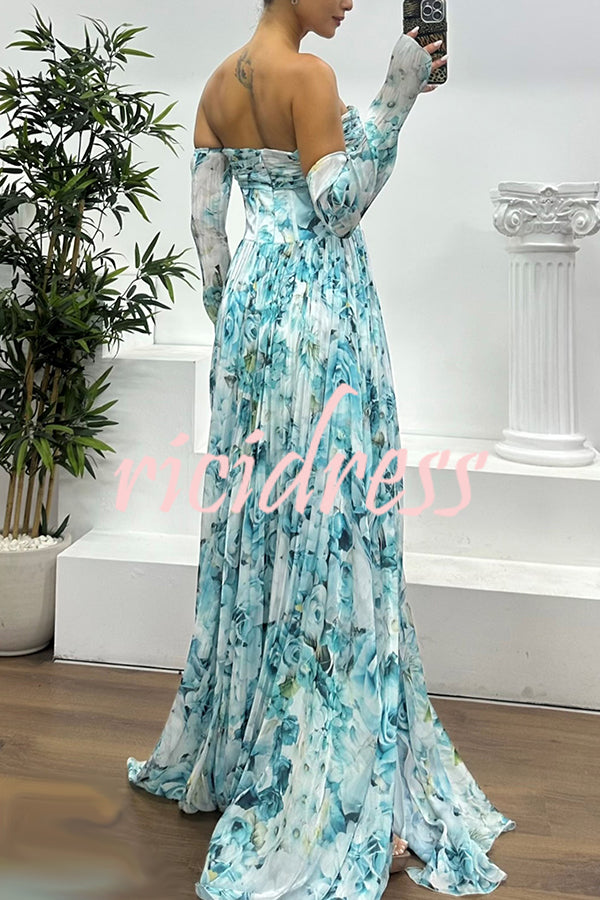 Reina Chiffon Floral Print Pleated Bodice Split Sleeve Strapless Slit Maxi Dress