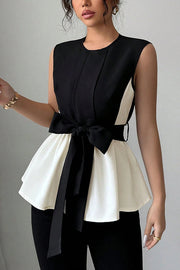 Fashionable Contrasting Color Waist Bow Ribbon Casual Top