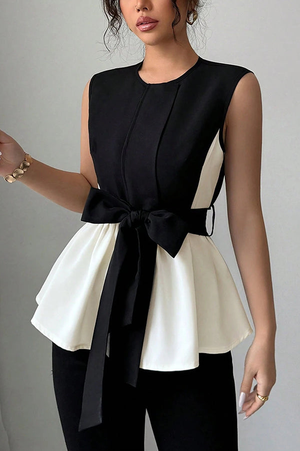 Fashionable Contrasting Color Waist Bow Ribbon Casual Top