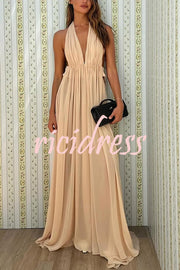 Ethereal Moment Tulle Cutout Ruched Waist Backless Halter Maxi Dress