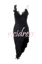 Sexy Lace Paneled Deep V Suspender Slim Midi Dress
