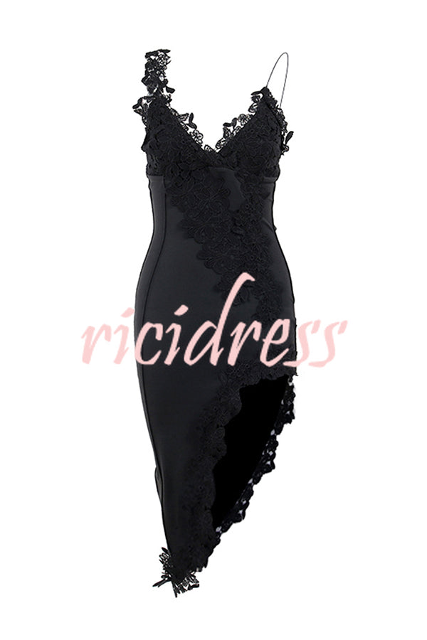 Sexy Lace Paneled Deep V Suspender Slim Midi Dress