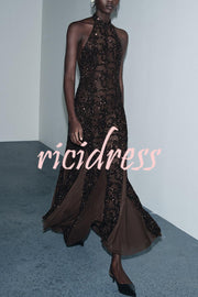 Twilight Gleam Sequin Textured Tulle Hem Halter Backless Maxi Dress