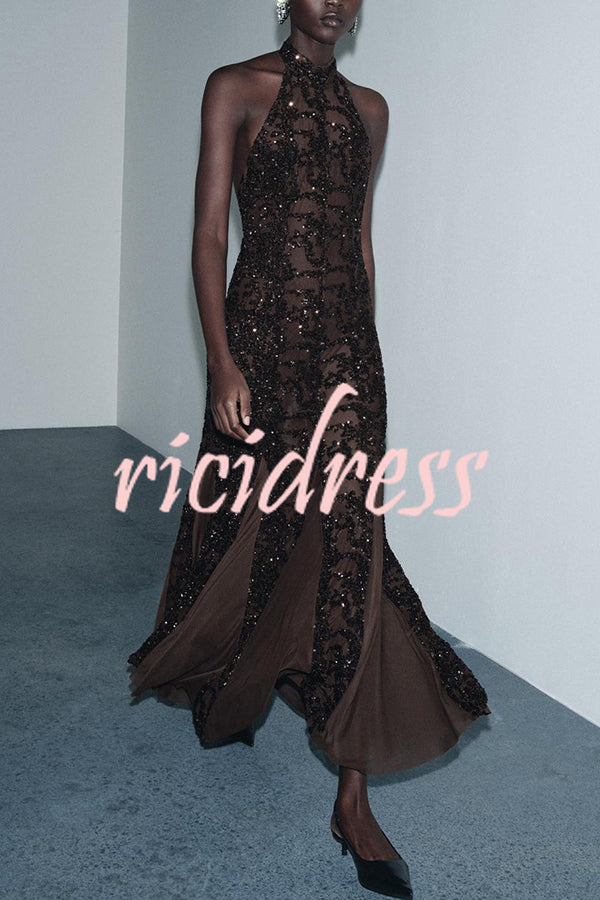 Twilight Gleam Sequin Textured Tulle Hem Halter Backless Maxi Dress