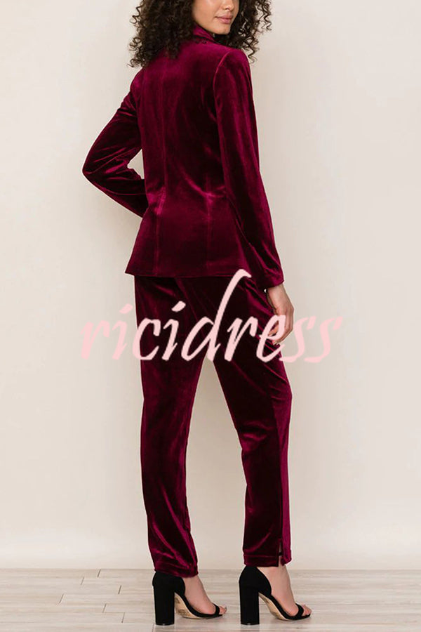 Solid Color Velvet Long-sleeve Blazer and Elastic Waist Pocket Pants Set