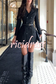 Parisian Style Double-breasted Long Sleeve Flare Hem Lapel Blazer Mini Dress