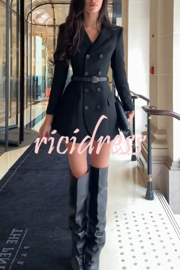 Parisian Style Double-breasted Long Sleeve Flare Hem Lapel Blazer Mini Dress