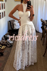 A Girls' Trip Lace High Neck Cutout Drop Waist Ruffles Maxi Dress