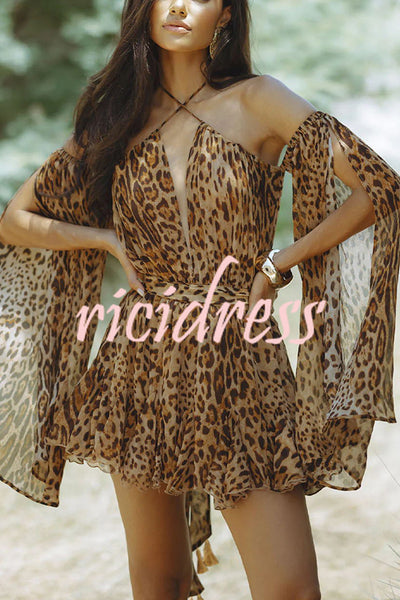 Sexy and Playful Chiffon Leopard Print Cape Sleeve Cross Halter Cutout Mini Dress