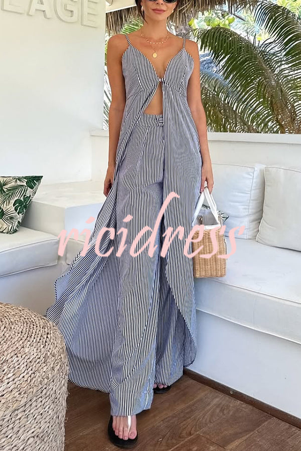 Striped Print Sleeveless Long Casual Top and Loose Straight Pants Set