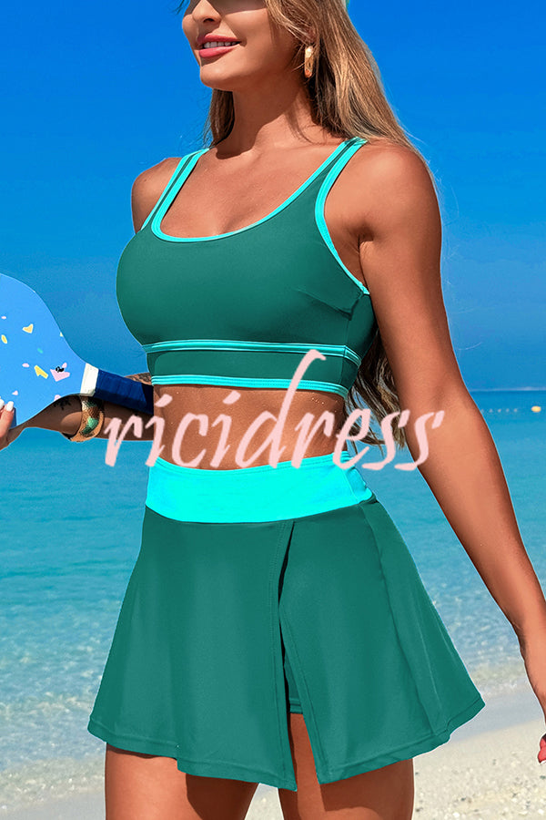 Fashion Contrast Color Stretch Sports Two-piece Bikini Swimsuit