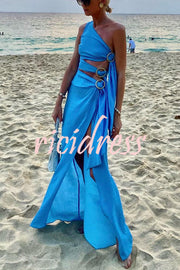 As Beautiful As The Sky Side Waist Ring Hollow Design Slit Vacation Maxi Dress