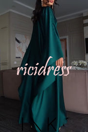 Dignified and Elegant Satin Batwing Sleeve with Waist Tie Design A-line Maxi Dress