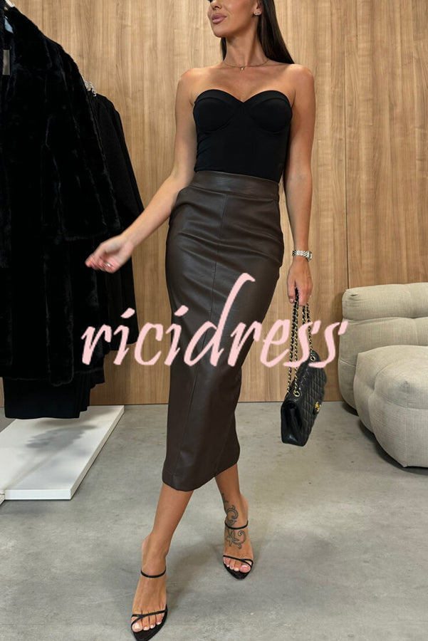 Lindsey Faux Leather High Rise Pocketed Slit Stretch Midi Skirt