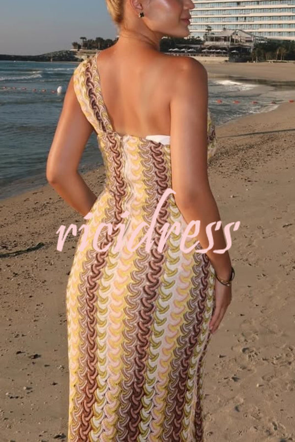 Colorful Zigzag Pattern Lace One-shoulder Slim Vacation Midi Dress