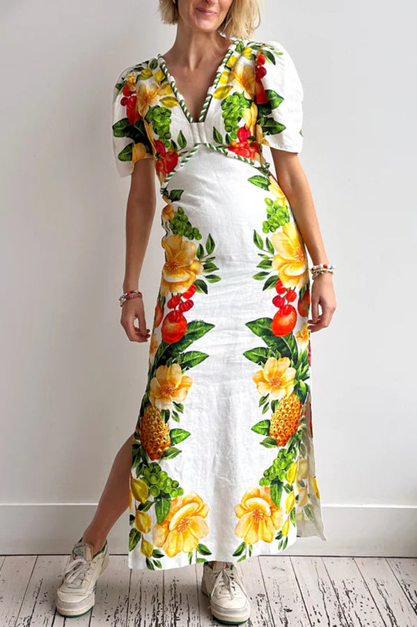 Picnic Flowers Linen Blend Floral Print Puff Sleeve Braided Rope Trim Maxi Dress