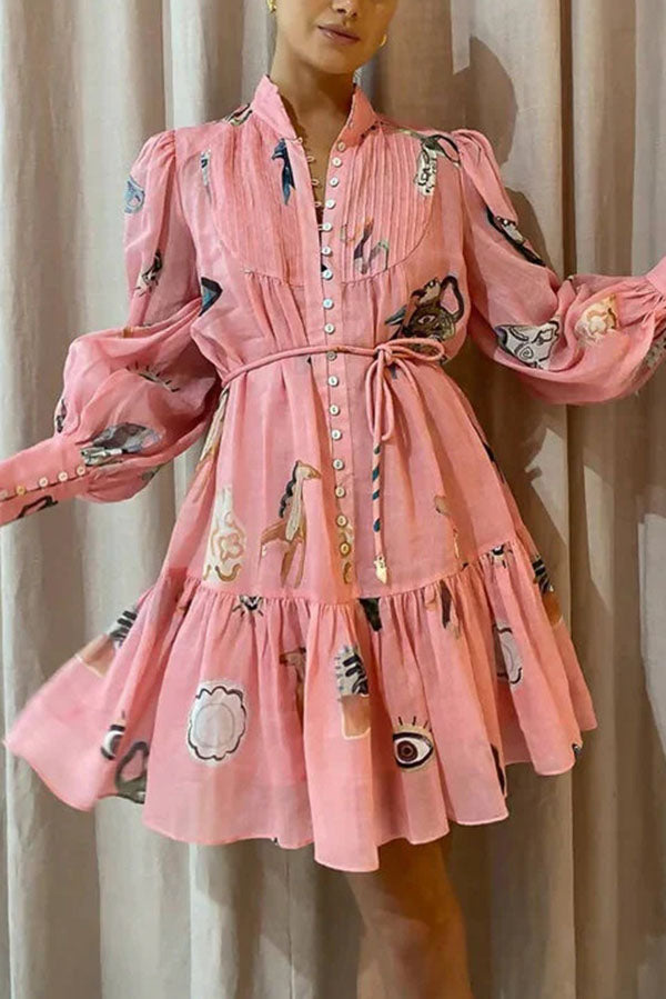 Unique Print Single Breasted Balloon Sleeve Tie Waist Ruffled Mini Dress