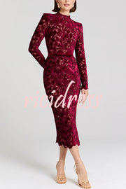 Diane Velvet Embroidered Floral Lace Long Sleeve Belt Scallop Edge Midi Dress