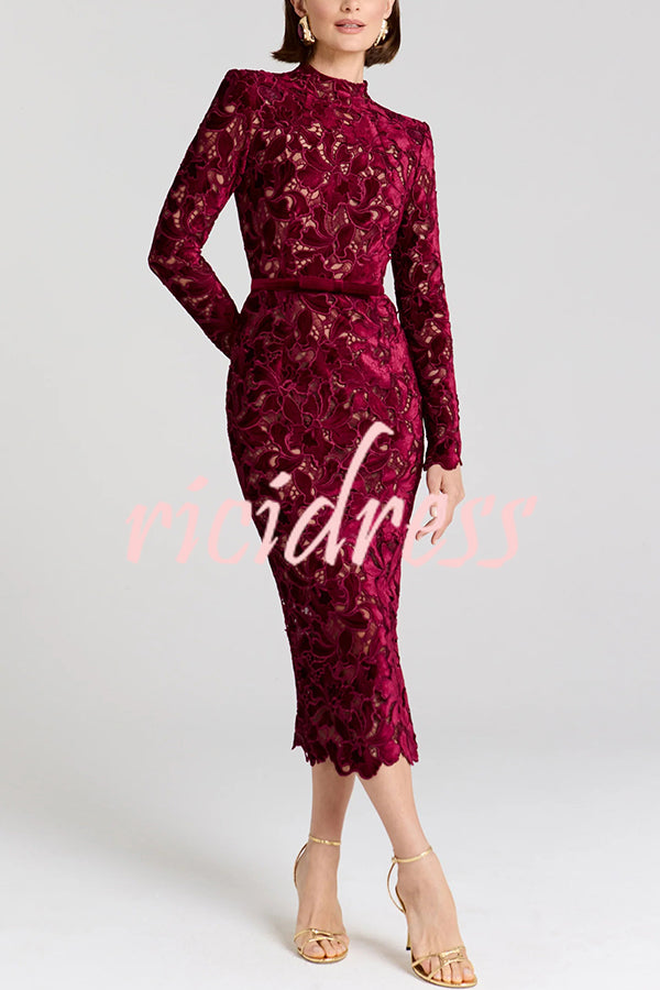 Diane Velvet Embroidered Floral Lace Long Sleeve Belt Scallop Edge Midi Dress